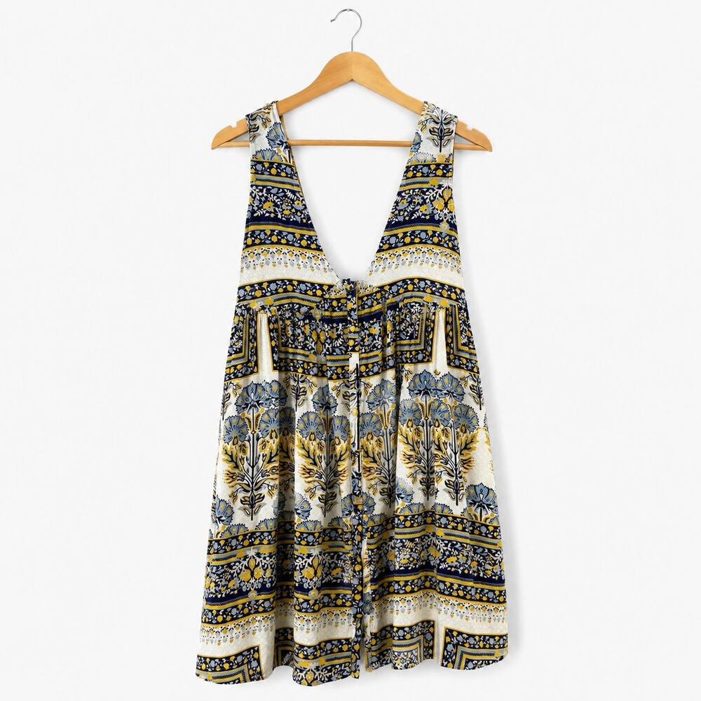 Some Days Lovin Boho Sleeveless Button Front Mini Dress Blue Yellow Floral XS